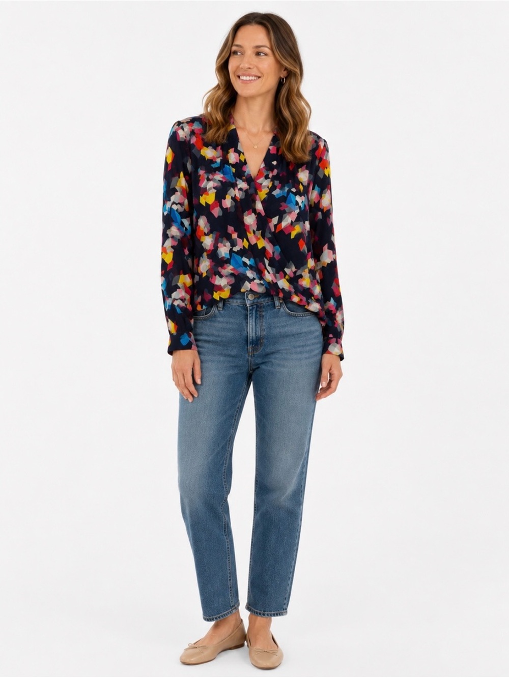 Trina Turk Navy Geometric Wrap-Style Blouse